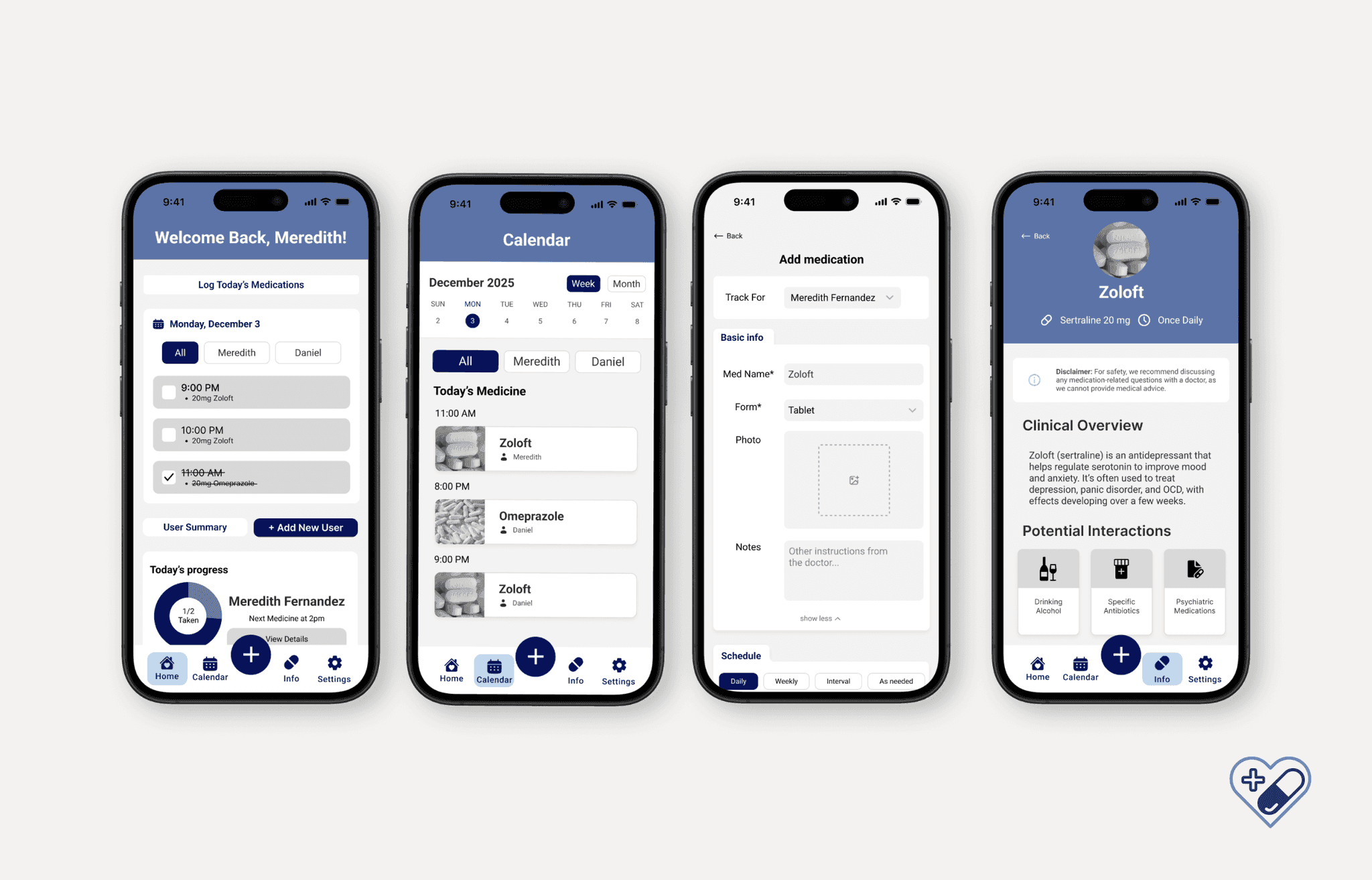 Four mobile app screens for tracking medications, a calendar, and drug information